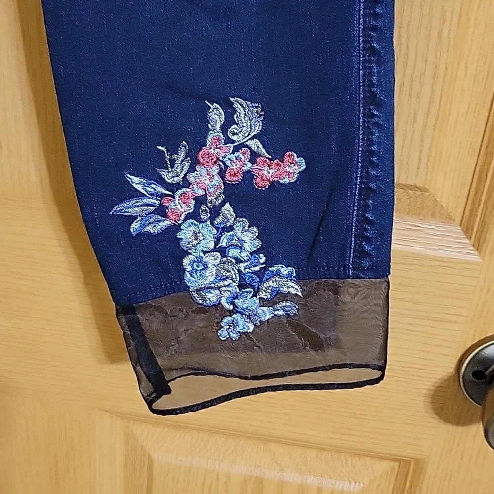 White House Black Market Dark Blue Straight Leg Jeans with Floral Embroidery - Picture 2 of 5